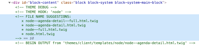Een screenshot van de Drupal template suggesties. Een lijstje templates in de inspector, waarvan eentje als actief is aangeduid met een kruisje.