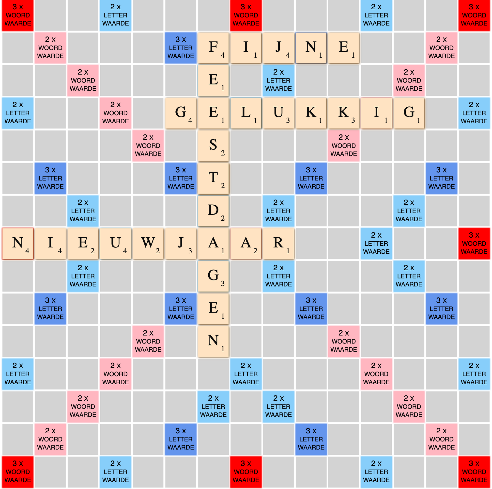 Een scrabblebord met daarop de woorden Fijne feestdagen, gelukkig nieuwjaar gespeld